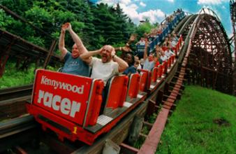The Racer at Kennywood Park ~ I'm sure this seems like a tame ride today.  But it is still there.  See the two roller coaster trains running side by side?  Sometimes the blue cars would win; sometimes the red ones.  