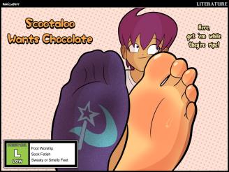 Scootaloo Wants Chocolate - Cover ~  [Link To Item #2276809]  contains at a minimum:
Foot Worship
Sock Fetish
Sweaty or Smelly Feet

Full Description:
Hungry Scootaloo has set her sights on the premium "Blast Bar" to fill her belly. And she'll do whatever it takes to get it, even having her feet touched.