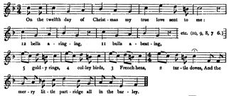 12 Days of Christmas ~   "  
On the twelfth day of Christmas, 
*Space* *Space* *Music2* my true love sent to me

Twelve drummers drumming
  Eleven pipers piping

Ten lords a-leaping
*Space* *Space* *Music1* Nine ladies dancing

Eight maids a-milking
  Seven swans a-swimming

Six geese a-laying
*Space* *Space* *Music1* Five golden rings

Four calling birds
  Three french hens

Two turtle doves and
*Space* *Space* *Music1* A partridge in a pear tree
  "  

 
*Snow3*

 
 





 ...