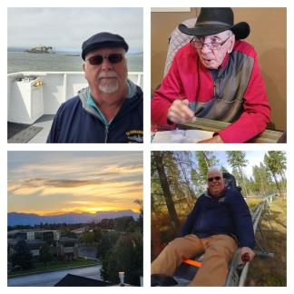 A Collage OF Photos ~  Do you ever wonder if I get to do anything besides work while traveling? 
 Let's see... I haven't for a while, but I did get to do a couple of things these last 2 weeks.  From Top left:  1.  Me on a small boat heading or a destination I've never been to.  2.  William G. Baker - The last man alive who served time in Alcatrez.  3.  Kalispell, Montana Sunrise, 9/22/24   4.  Me on the Alpine Coaste.  It's about 7 miles south of Kalispell, and a lot of fun to ride,  Plus, trhe fee to ride is pretty low, they record you as you ride, and take about 20 photos,   They will email them to you for $13 too. ...
